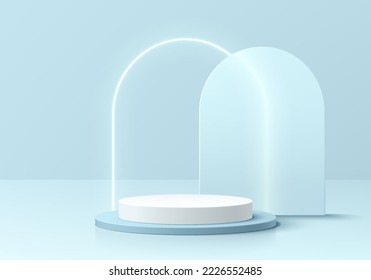 Abstrakter blauer 3D-Raum mit realistischem weißem Zylinder-Produkt stehen Podium und leuchtendes Neonlicht in Bogenform. Minimale Wand-Szene-Mock-up-Demonstration. Geometrische Vektorplattform. Stufenvorführung.