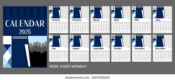 Calendario A4 azul Abstractas 2025 con Elementos geométricos.Portada y 12 páginas mensuales. La semana comienza el lunes, formatos A3 A2 A6. Calendario empresarial con espacio libre para gráficos corporativos. Aislado en gris.