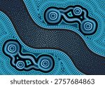 Abstract Blue Aboriginal Landscape with Flowing Dot and Line Patterns