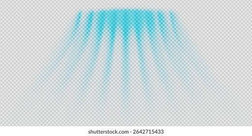 Abstract blue air flow wave with suction and spray effect. Cool breeze, purification stream and frozen jet motion. Transparent vector with neon lines. Futuristic ventilation or AC system concept.