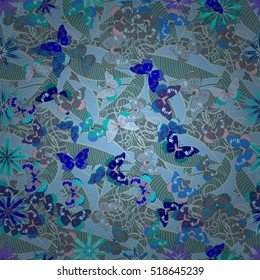 abstract blue anf grey doodles flowers and butterflies background. Vector illustration.