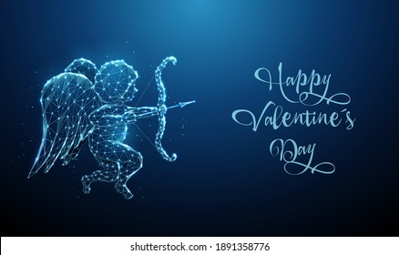 Abstract blue angel cupid with bow and arrow. Happy Valentine's day card. Low poly style design. Abstract geometric background. Wireframe light structure. Modern 3d graphic concept Vector illustration