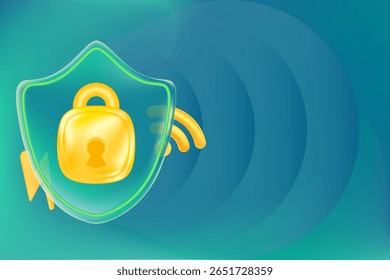 Abstract blue aquamarine 3D glass security shield icon with gold padlock icon. Futuristic protection control, emerald color gradient background with copy space. Digital security technology.