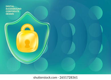Abstract blue aquamarine 3D glass security shield icon with gold padlock icon. Futuristic protection control, emerald color blurred gradient background with copy space. Digital security technology.