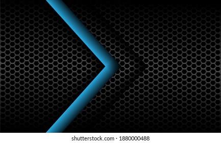Abstract blue arrow direction on dark grey metallic hexagon mesh pattern design modern futuristic background vector illustration.
