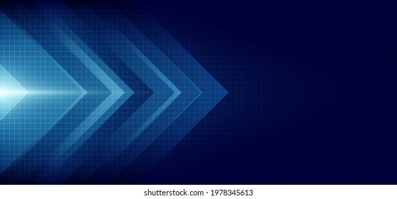 Abstract blue arrow glowing with lighting and line grid on blue background technology hi-tech concept. Vector illustration