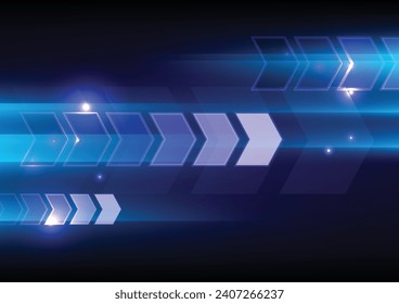 Abstract blue arrow glowing with lighting and line grid on blue background technology hi-tech concept.Vector illustration.