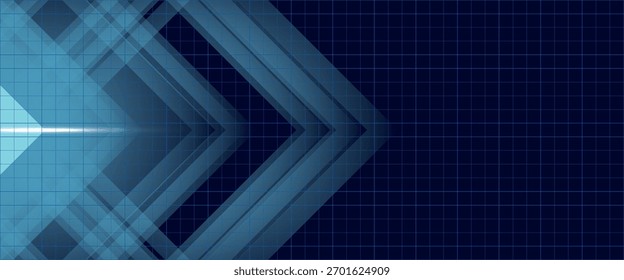 Flecha azul Abstractas que brilla intensamente con la iluminación y la rejilla de línea en el concepto de alta tecnología de la tecnología del fondo azul
