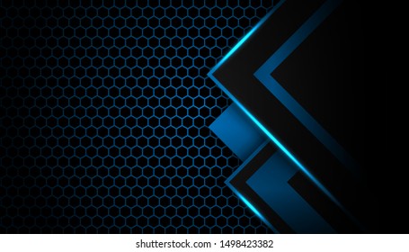 	
Abstract blue arrow light shadow direction on hexagon mesh pattern design modern futuristic background. Vector Illustration.