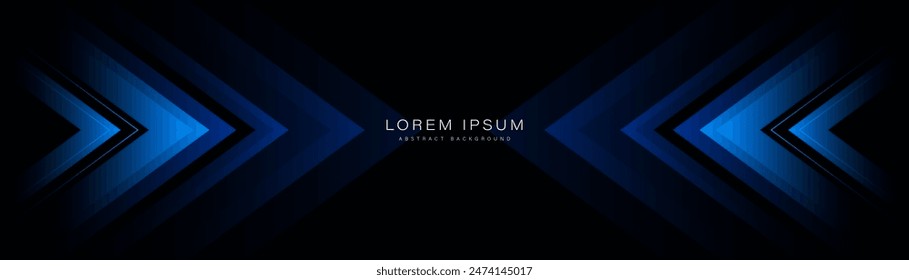 Abstract blue arrow on black background. Modern geometric graphic design. Dynamic shapes. Technology futuristic concept. Horizontal banner template. Vector illustration