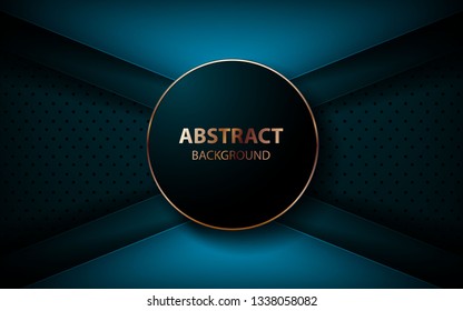 Abstract blue arrow on dark blue circle pattern background. Futuristic overlap layers with circle and golden list background. 