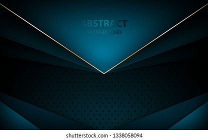Abstract blue arrow on dark blue circle pattern background. Futuristic overlap layers with golden list background. 