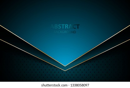 Flecha azul abstracta sobre el fondo del círculo azul oscuro. Capas de solapamiento futuristas con fondo de lista dorada. 