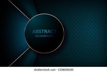 Abstract blue arrow on dark blue circle pattern background. Futuristic overlap layers with circle and golden list background. 
