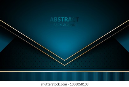 Abstract blue arrow on dark blue circle pattern background. Futuristic overlap layers with golden list background. 