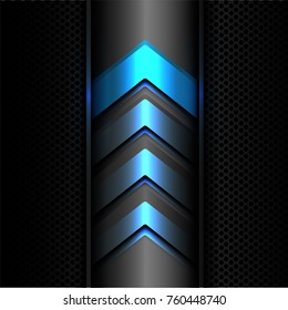 Abstract blue arrow power light technology on dark gray metal circle mesh design modern futuristic background texture vector illustration.