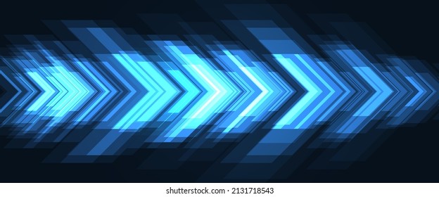 Abstract blue arrows high-speed movement futuristic technology concept wide background. Dynamic motion blue hi tech digital arrows and stripes wide banner. Vector illustration