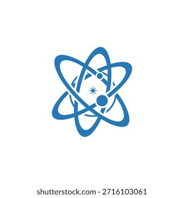 Ilustração vetorial do ícone do átomo azul abstrato, apresentando elétrons orbitando um núcleo central com uma estrela, simbolizando a ciência, inovação e física quântica.