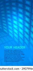 Abstract blue background advertising brochure design elements. Glowing light mosaic graphic form for elegant flyer. Vector illustration EPS 10 for booklet layout page, leaflet template, newsletters