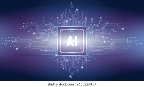 Fondo azul Abstractas con un símbolo de chip de IA y patrones de placa de circuitos, que representan la inteligencia artificial.