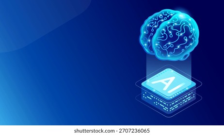 Fundo azul abstrato com o cérebro digital do chip da plataforma AI - para apresentações da tecnologia de negócios, banners, ilustração vetorial