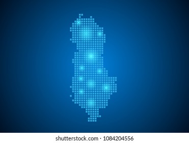 Abstract blue background with Albania map, internet line, connected points. Albania map with dot nodes. Global network connection concept. Wire frame 3D mesh polygonal network line. vector.