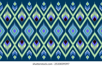 Abstract blue background Assemble ikat with ethnic Thai patterns indigenous people Designed for background, print on fabric, fashion, carpet, wallpaper or wrapping paper.