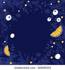 Abstract blue background with blueberries and oranges.