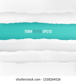 Abstract blue background bordered with torn white paper edges from top and bottom realistic set vector illustration