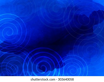 Abstract blue background business presentation with hand drawn spirals and deep beautiful blue watercolor texture