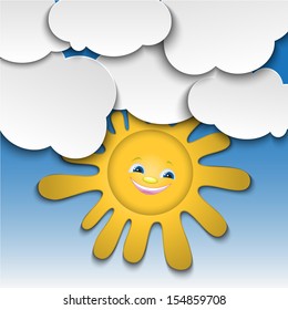 abstract blue background with the cheerful sun and clouds