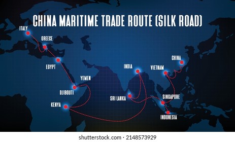 abstract blue background of china maritime trade route (silk road) with world map