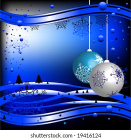 Abstract blue background with Christmas balls, small fir trees, blue bubbles, and abstract snowflakes