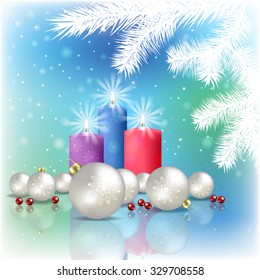 Abstract blue background with Christmas decorations and candles