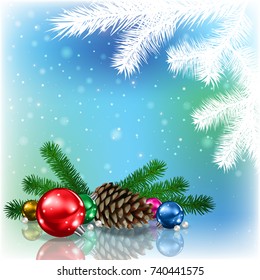 Abstract blue background with Christmas decorations and pine cone