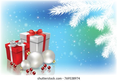 Abstract blue background with Christmas decorations snowflakes and gifts
