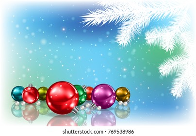 Abstract blue background with Christmas decorations snowflakes and white tree