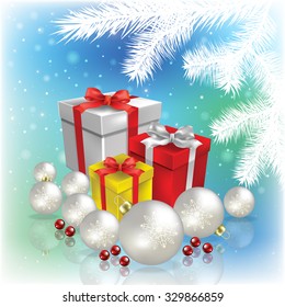 Abstract blue background with Christmas gifts and white decorations