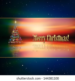 Abstract blue background with Christmas tree and decorations