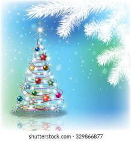 Abstract blue background with Christmas tree and decorations
