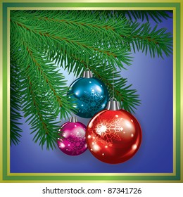 Abstract blue background with Christmas tree and decorations
