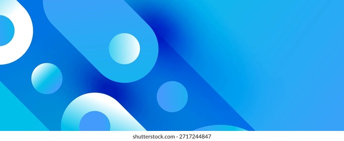 Fundo azul abstrato. Os círculos se sobrepõem, criando um efeito visual dinâmico. Óculos de gradiente oferecem profundidade, estética moderna.
