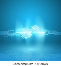 Abstract blue background with a circuit board texture and with gear transmission in current arc. EPS10 vector.