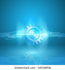 Abstract blue background with a circuit board texture and with gear in current arc. EPS10 vector.