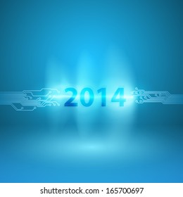 Abstract blue background with a circuit board texture and 2014 in current arc. EPS10 vector.