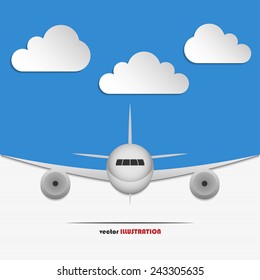 Abstract blue background with clouds and landing airplane for your design