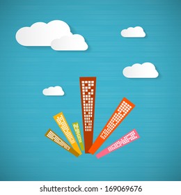 Abstract Blue Background with Clouds and Skyscrapers 