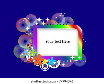 abstract blue background with colorful circle, bloom decorated frame, vector illustration