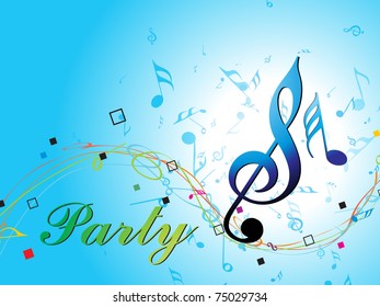 abstract blue background with colorful stripes, musical notes