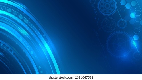 Fondo azul abstracto formado por engranajes y líneas horizontales. Tecnologías digitales, transferencia de datos. Diseño de movimiento de partícula futurista. Para sitios web y presentaciones
